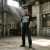 Black Mineral Wash Vert Varsity Letter Oversized Men Tee