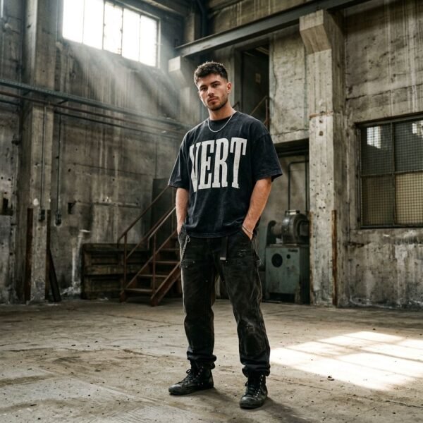 Black Mineral Wash Vert Varsity Letter Oversized Men Tee