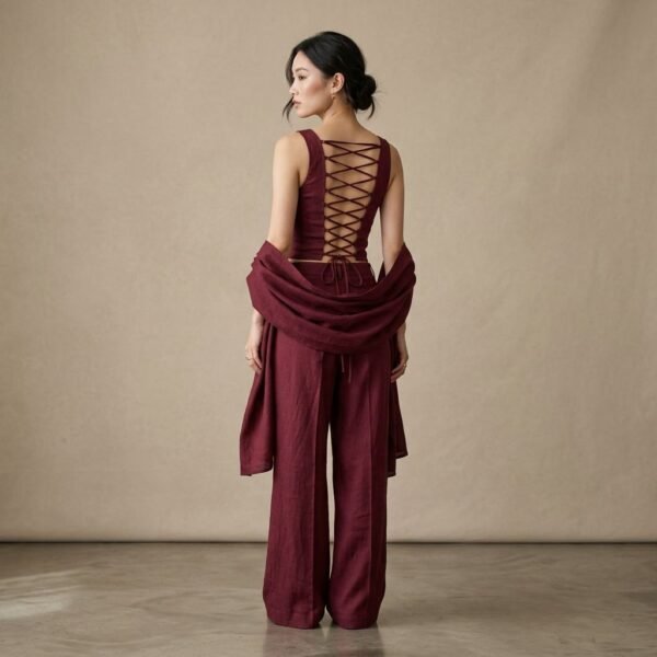 Burgundy Linen Corset Lace Up Back Cami Wide Leg Pant Shawl 3 Piece Set Burgundy Linen Corset Lace Up Back Cami Wide Leg Pant Shawl 3 Piece Set