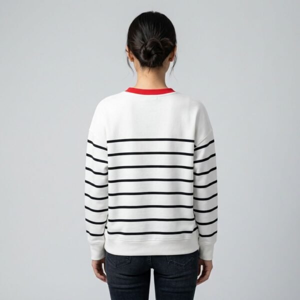 Contrast Red Collar Stripe Rose Embroidery Crewneck Sweatshirt