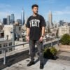 Black Mineral Wash Vert Varsity Letter Oversized Men Tee
