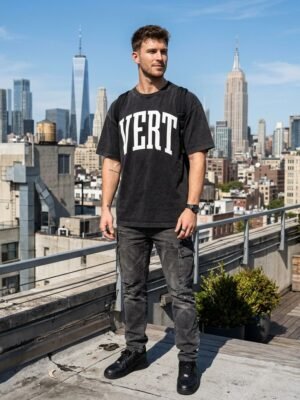 Black Mineral Wash Vert Varsity Letter Oversized Men Tee