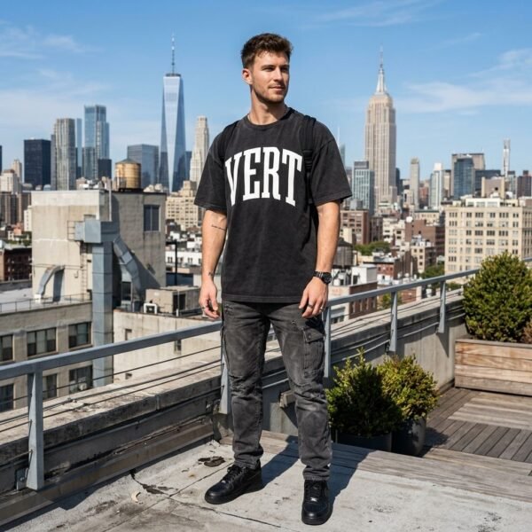 Black Mineral Wash Vert Varsity Letter Oversized Men Tee