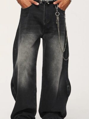 Vintage Gradient Washed Baggy Wide Leg Raw Rhinestone Denim Jeans Vintage Gradient Washed Baggy Wide Leg Raw Rhinestone Denim Jeans