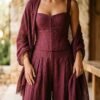 Burgundy Linen Corset Lace Up Back Cami Wide Leg Pant Shawl 3 Piece Set Burgundy Linen Corset Lace Up Back Cami Wide Leg Pant Shawl 3 Piece Set