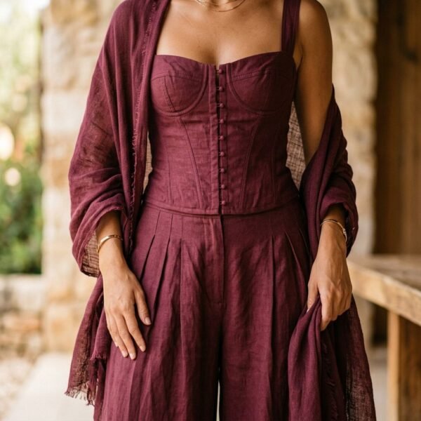 Burgundy Linen Corset Lace Up Back Cami Wide Leg Pant Shawl 3 Piece Set Burgundy Linen Corset Lace Up Back Cami Wide Leg Pant Shawl 3 Piece Set