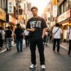 Black Mineral Wash Vert Varsity Letter Oversized Men Tee